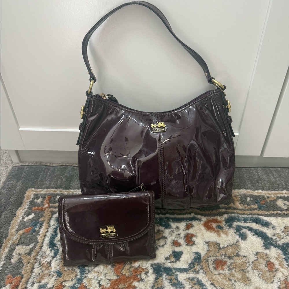 Coach Patent Leather Shoulder Bag and Wallet in plum